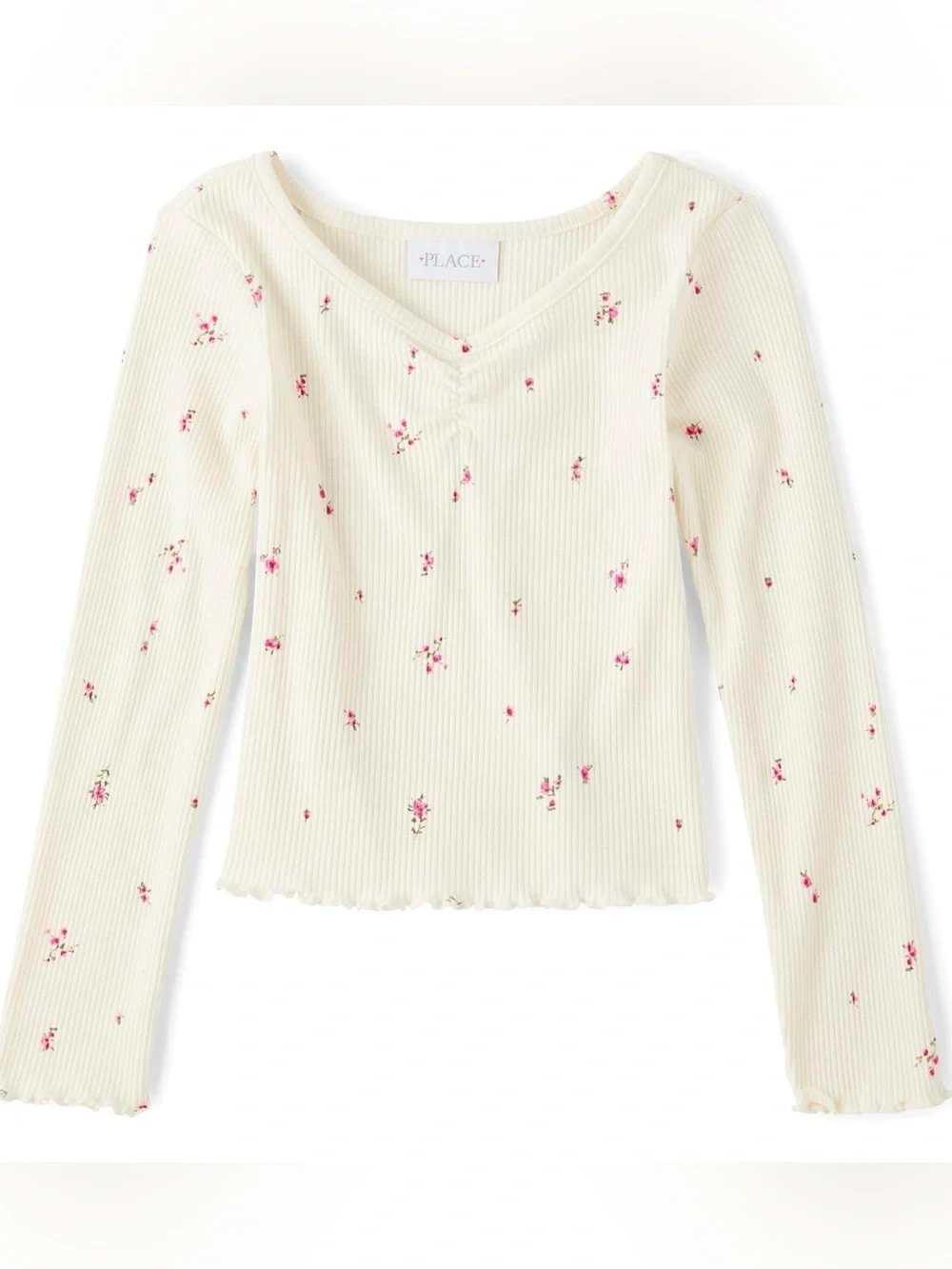 The Children's Place Cream Ribbed Long Sleeve Top with Pink Floral Sprigs